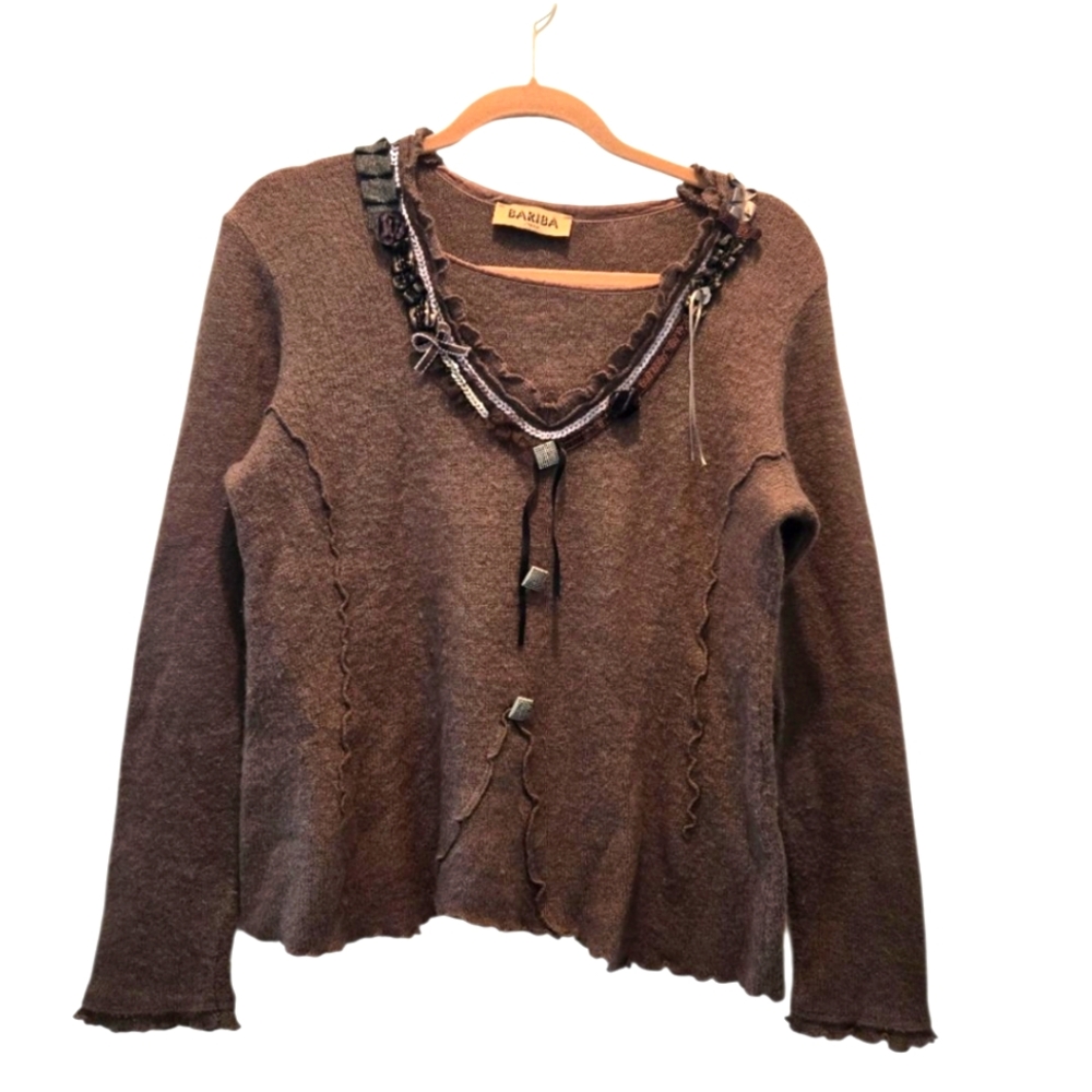 Vintage Y2K Sweater M Embellished Brown Italy Sequins Ribbon European Ruffle